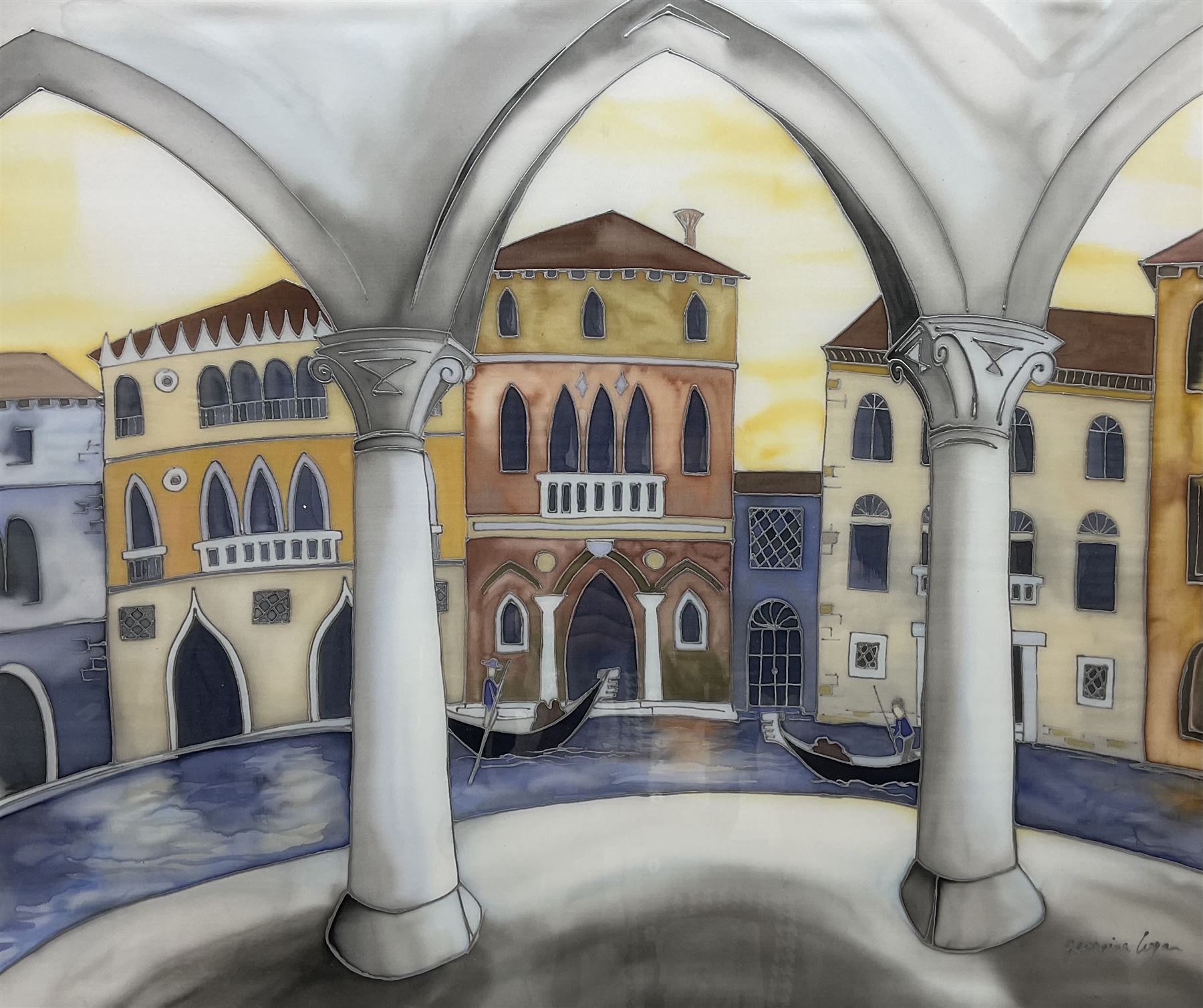 Georgina Logan (British 20th century): 'View from the Fish Market Venice, mixed media batik on silk signed, titled verso 51cm x 62cm