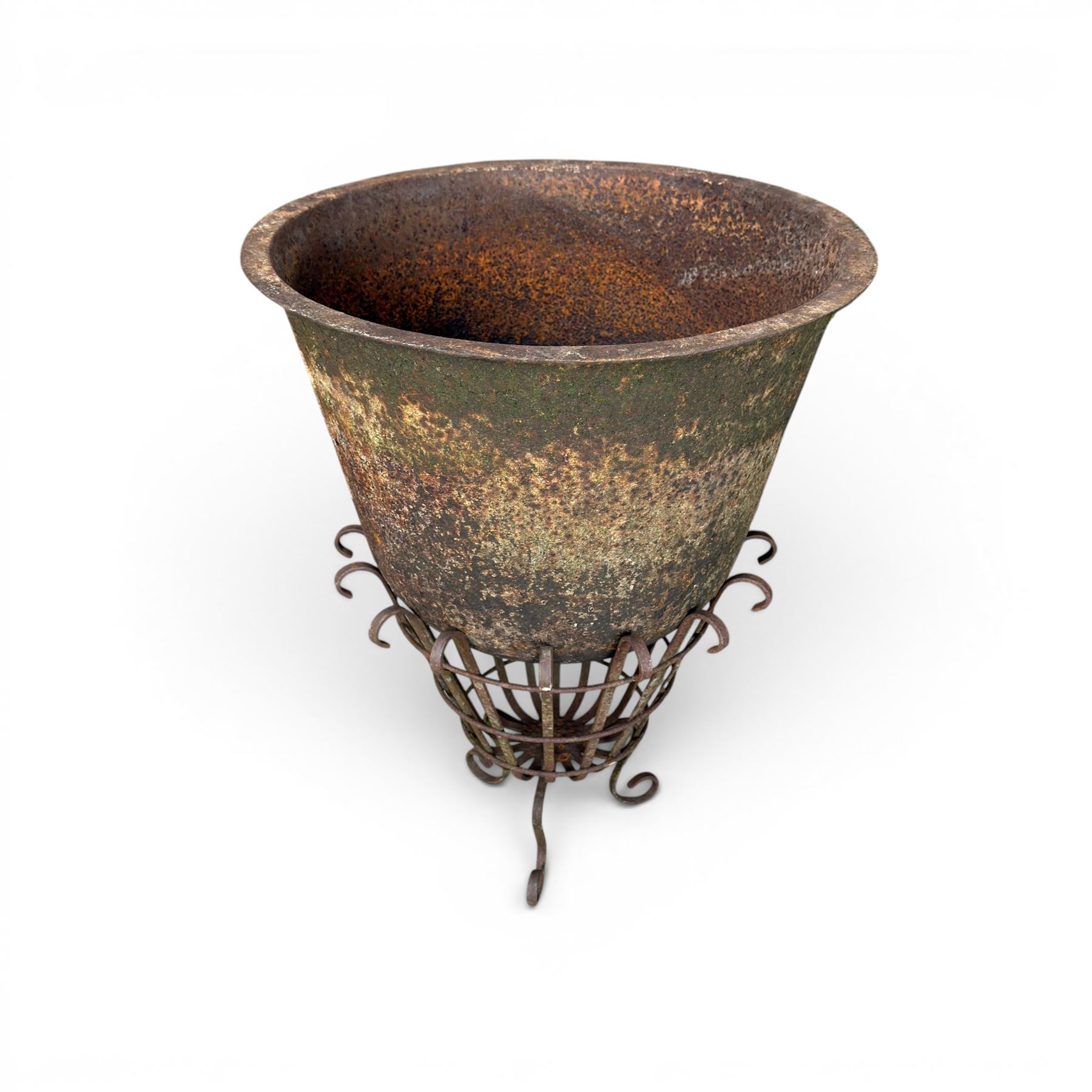 19th century cast iron bell cauldron, with associated wrought iron stand