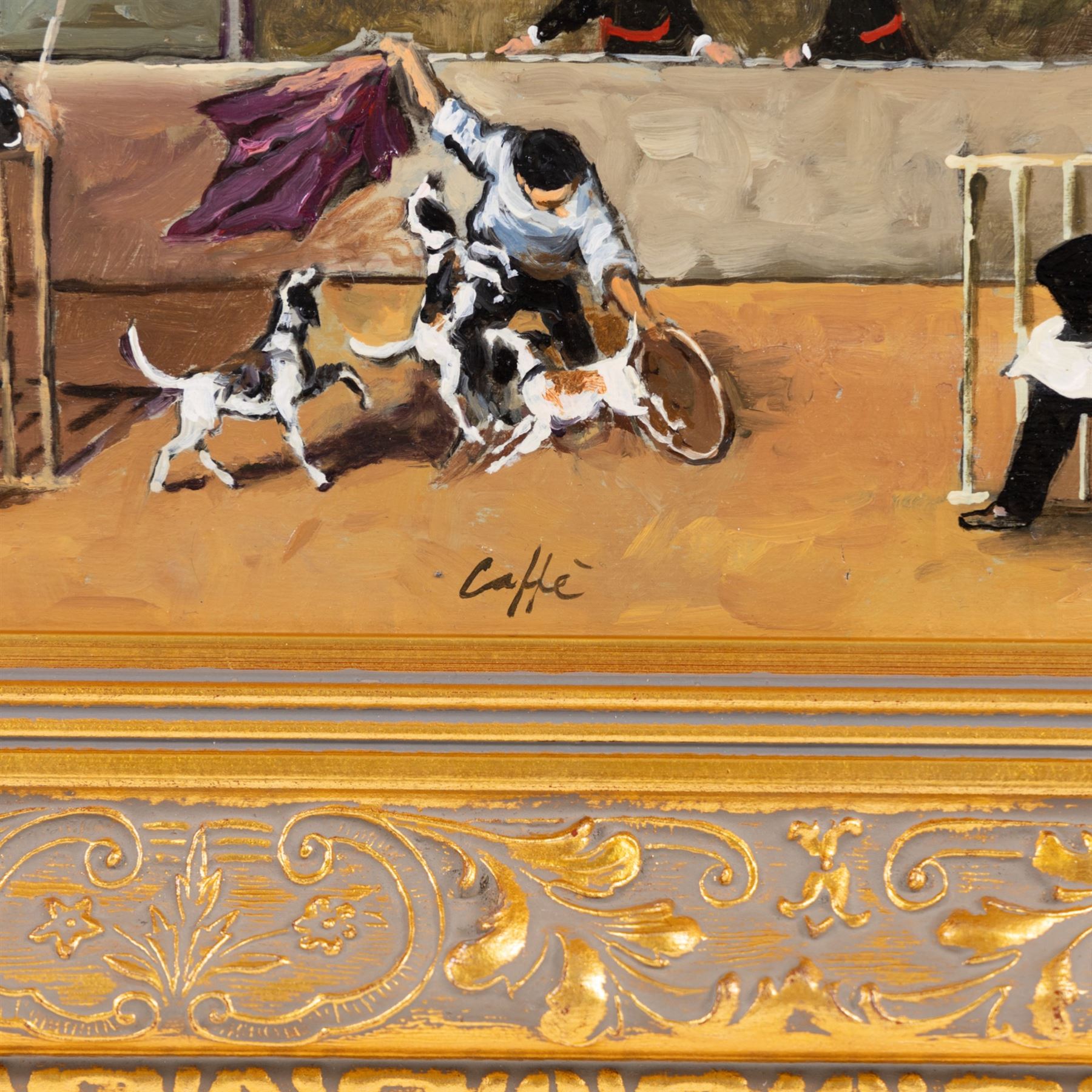 Nino Caffe (Italian 1908/9-1975): Performing Dogs, oil on panel signed, 17cm x 26.5cm
Provenance: authenticated in the Nino Caffe archive dated 1964, copy attached