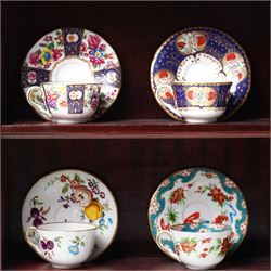 Royal Worcester miniature cups & saucers collection, 1993,  various patterns on display shelf, with certificates, shelf H49cm