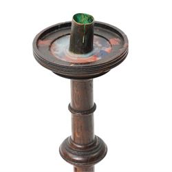  Large set of 19th century brass Apothecary Scales on mahogany single drawer base W56cm and a pair of 19C turned wood altar candlesticks