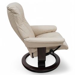Ekornes - Stressless chair, with padded arms and high backrest, raised on a circular mahogany-stained swivel base, fitted with reclining tension adjustment handle