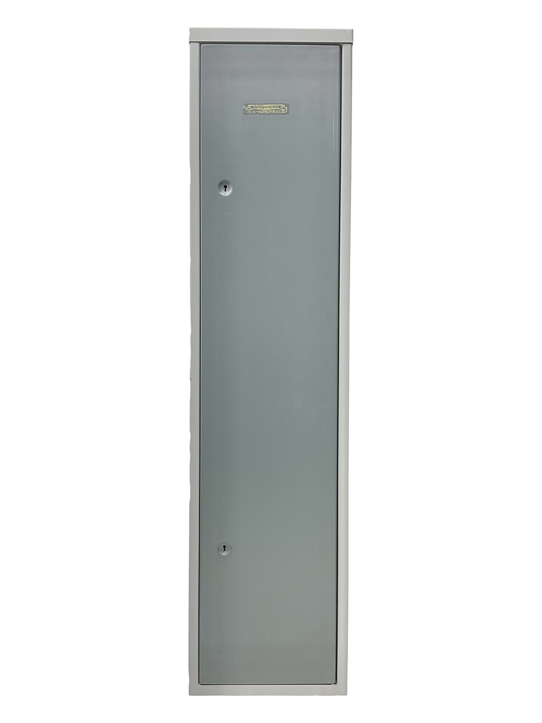Two-tone grey steel wall-mounting gun cabinet by Sambell Engineering to accommodate six guns with fixed shelf over, gun space int. H132cm W36.5cm D23.5cm, the single double-locking door with two sets of keys, ext. H154cm W37cm D27cm