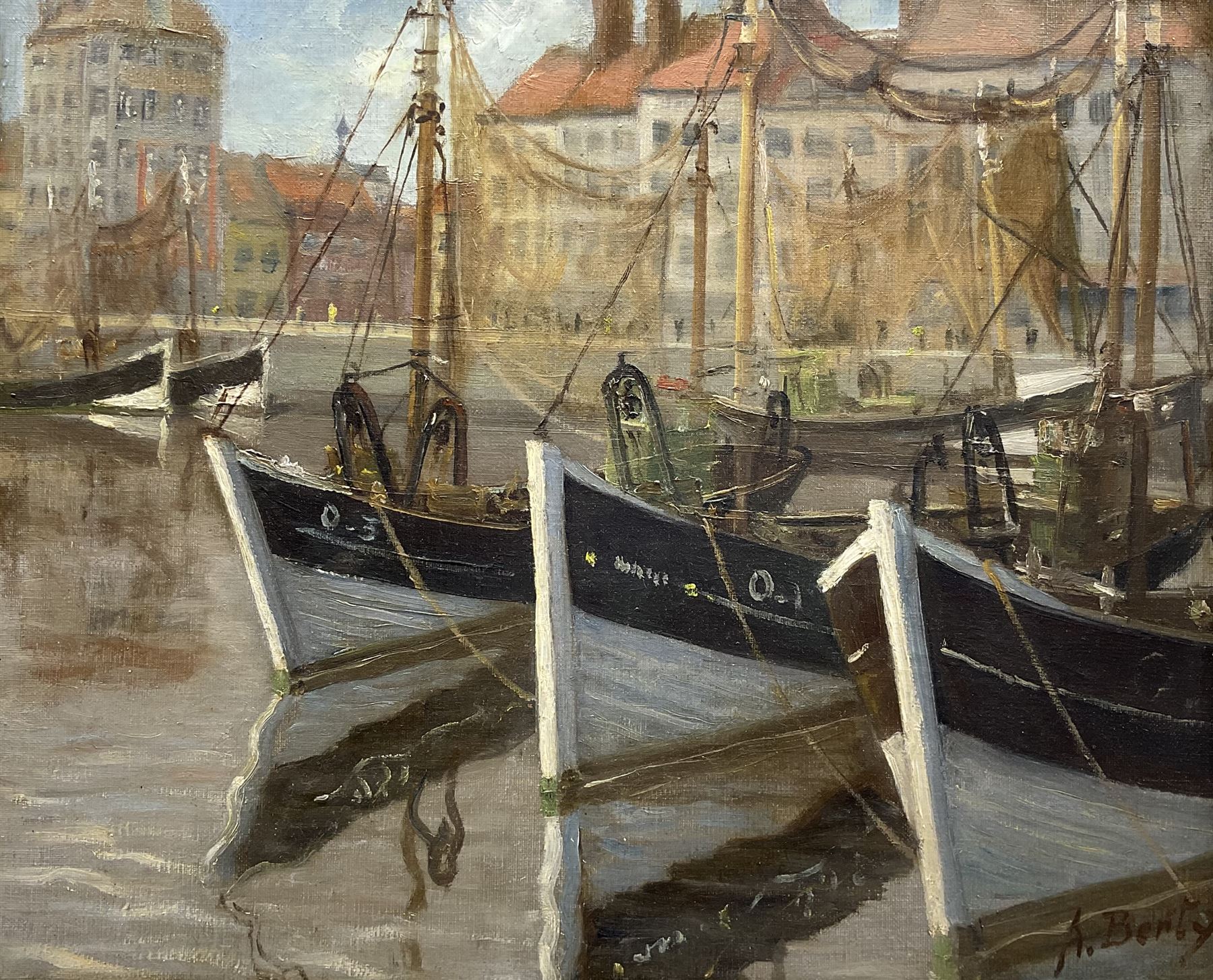 Anne Berty (French early 20th century): Ostend Fishing Boats, oil on canvas signed 39cm x 47cm