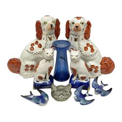 Pair of Staffordshire style dogs and a pair of Staffordshire style cats, together with a blue glass vase with painted bird, etc