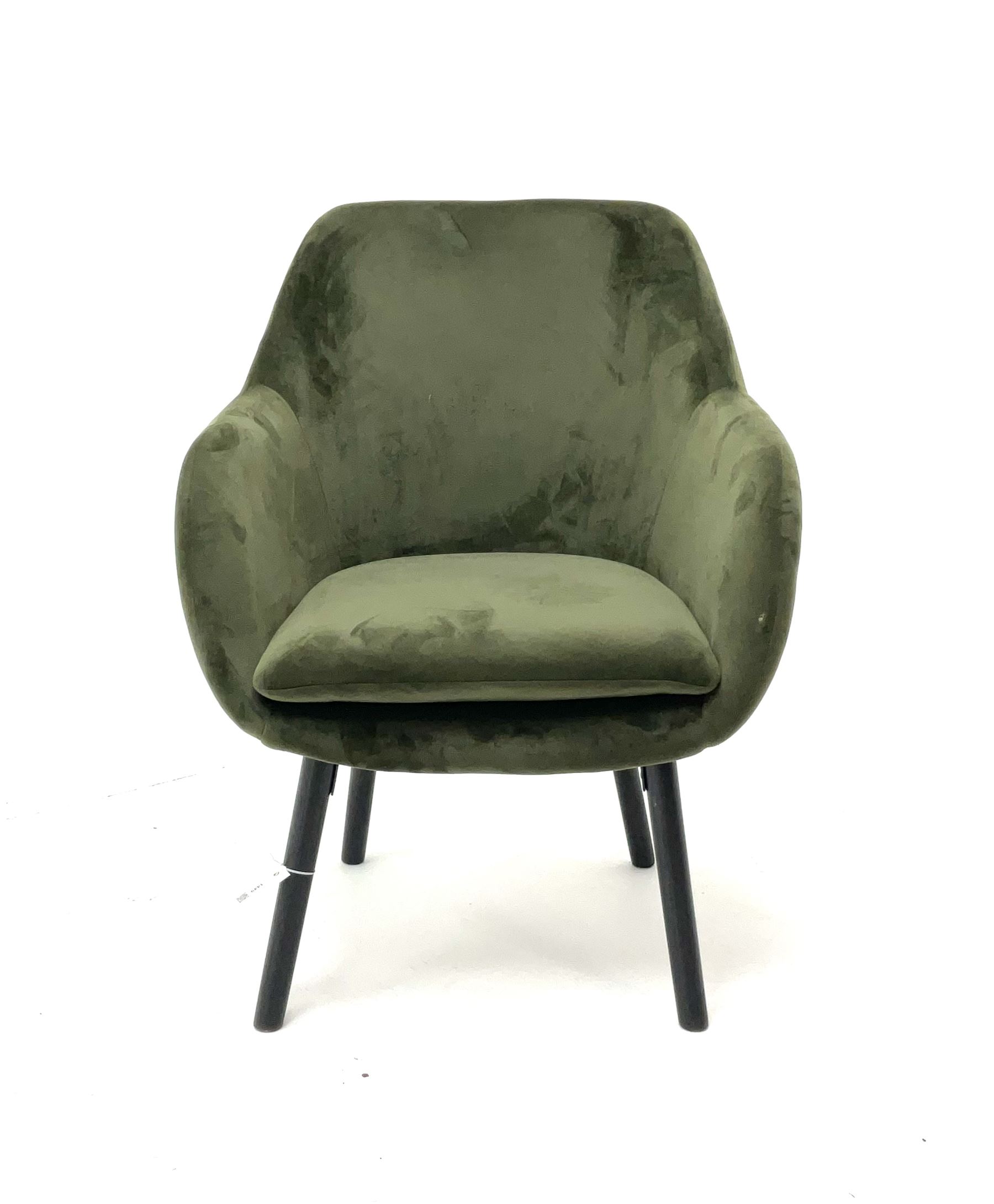 Olive green upholstered tub chair, turned tapering supports