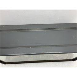 Taxidermy: 19th century cased display Red Fox (Vulpes vulpes) with pray, weasels (Mustela), Great Crested Grebe (Podiceps cristatus), and other birds in a naturalistic setting against a painted backboard, encased within an ebonised three pane display case, H56cm D38cm W113cm