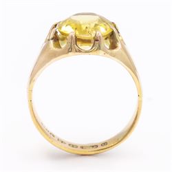 Victorian 15ct rose gold citrine ring, eight claw set with a single oval cut citrine, Chester 1897