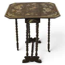Chinoiserie style gate leg table, with gilt painted floral design, raised on bobbing supports, on sled feet