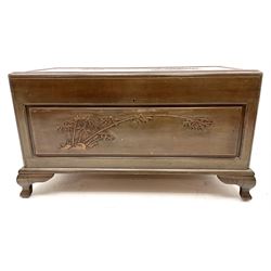 Chinese rosewood camphor wood blanket chest, bamboo carved detail, hinge lid, shaped bracket supports 