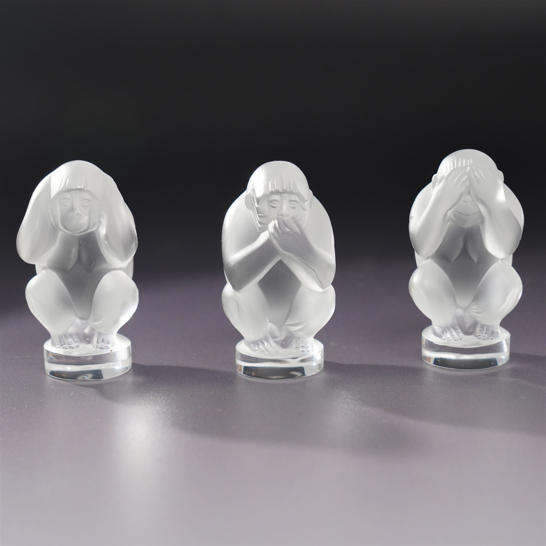 Set of three Lalique frosted glass monkey ornaments 'See no Evil