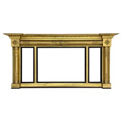 Regency giltwood and gesso over-mantel mirror, three mirror plates in moulded and ebonised slips, surrounded by columns decorated with moulded foliage