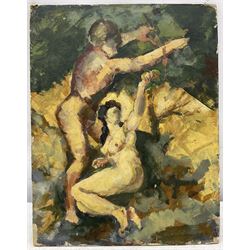 English School (Mid 20th century): 'Paraphrasing Michaelangelo's Fresco Eve Beneath the Tree of Good and Evil', oil on board indistinctly signed, titled and inscribed 'Diary No.37' verso 25.5cm x 20cm (unframed)