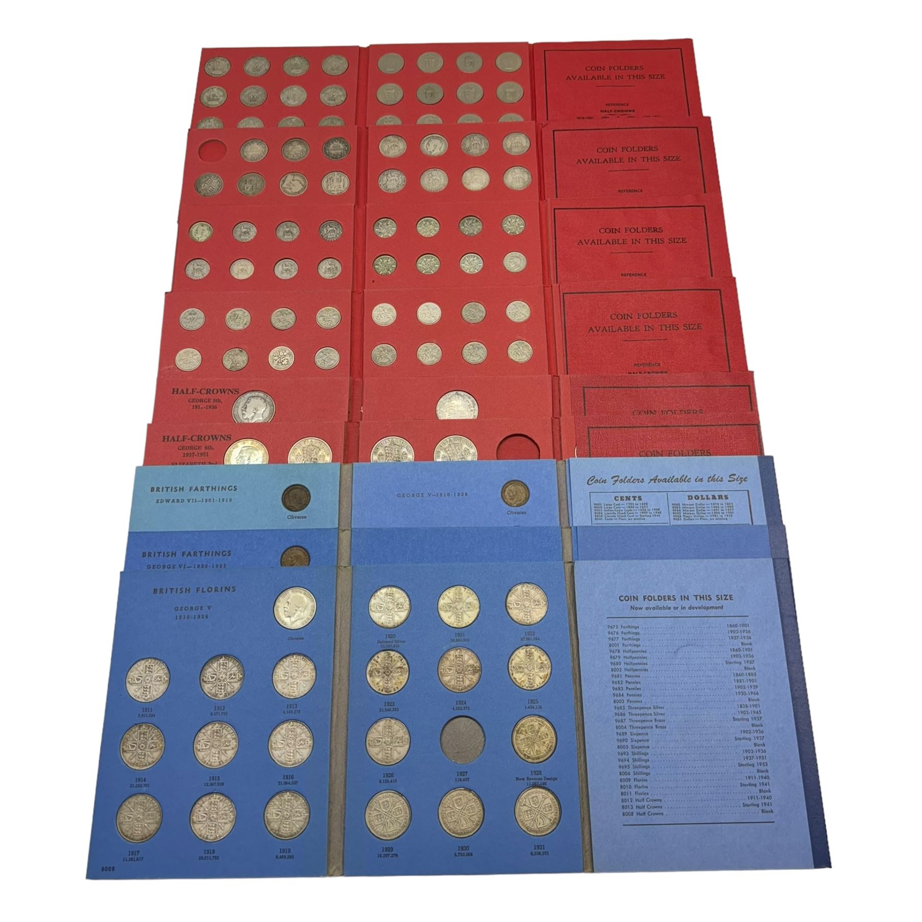 Great British coins in three Whitman and six NEGLA coin folders, including run of 1911 to 1946 halfcrown coins, Queen Victoria 1872, 1873, 1878, 1887, 1889, 1892, 1894, 1895, 1896, 1898, 1899, 1900 and 1901 one shilling, various other pre 1947 silver sixpences and one shillings, Queen Elizabeth II sixpences etc