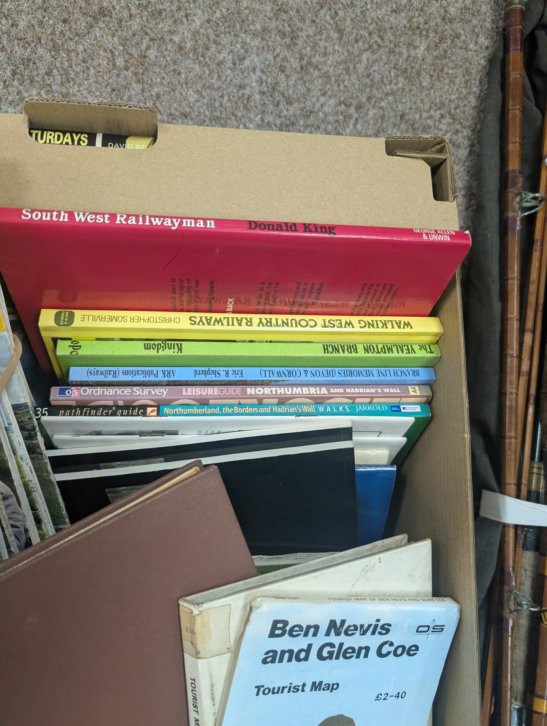 Fishing rods including split cane, fly and The Midlander example, together with a collection of railway reference books and maps including Ordnance Survey