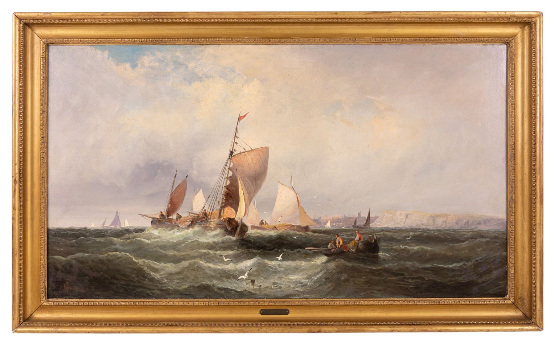 William Anslow Thornley (British fl.1858-1898): Shipping off Tynemouth, oil on canvas signed with pseudonym 'C Thornbery' 44cm x 80cm 
Provenance: with the Mandell Gallery, Norwich, label verso