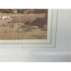 P.M. Pearce (20th century) watercolour of river landscape scene with moored vessels, signed and dated 1969; and an unsigned watercolour of a country cottage (2)