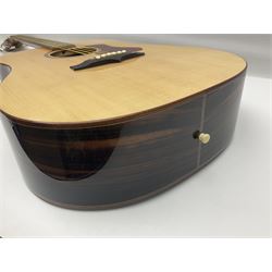Tanglewood Dreadnought spruce and java wood acoustic guitar the three-piece back with mango spalted wood insert; in Faith hard carrying case; serial no.201147017 L103cm