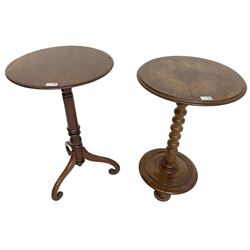 19th century walnut occasional table, circular moulded top on bobbin turned stem, circular moulded base on compressed feet (H70cm); 19th century walnut tripod table, circular table on turned stem, on splayed supported with scrolled terminals (H74cm)