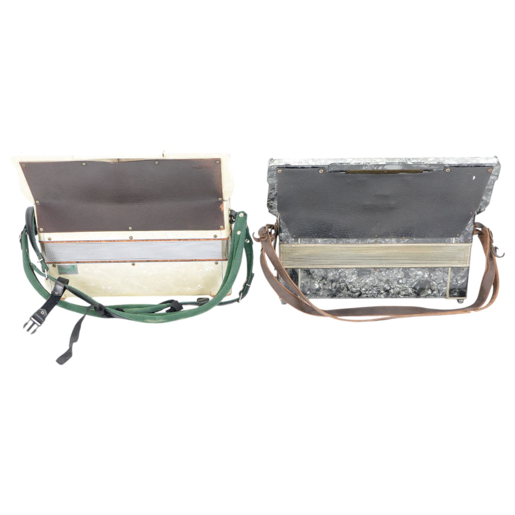 Two mid 20th century Italian accordions- manufactured by Frontalini and Cooperatiua both with a three octave keyboard compass and 120 bass buttons, with fretted sound grills and shoulder straps. 