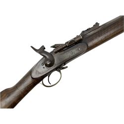 19th century D. & J. Fraser Edinburgh .577 Snider action gun, the 94cm barrel with three-groove rifling, three barrel bands and maker's name to top, full walnut stock with brass fittings, trigger guard inscribed J.D.M.,  L141cm
