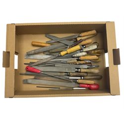 Box of assorted different sized and types of engineering files and two woodworking rasp files