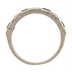 18ct white gold round brilliant cut diamond and calibre cut sapphire half eternity ring, with engraved decoration sides and shoulders, total diamond wight approx 0.40 carat