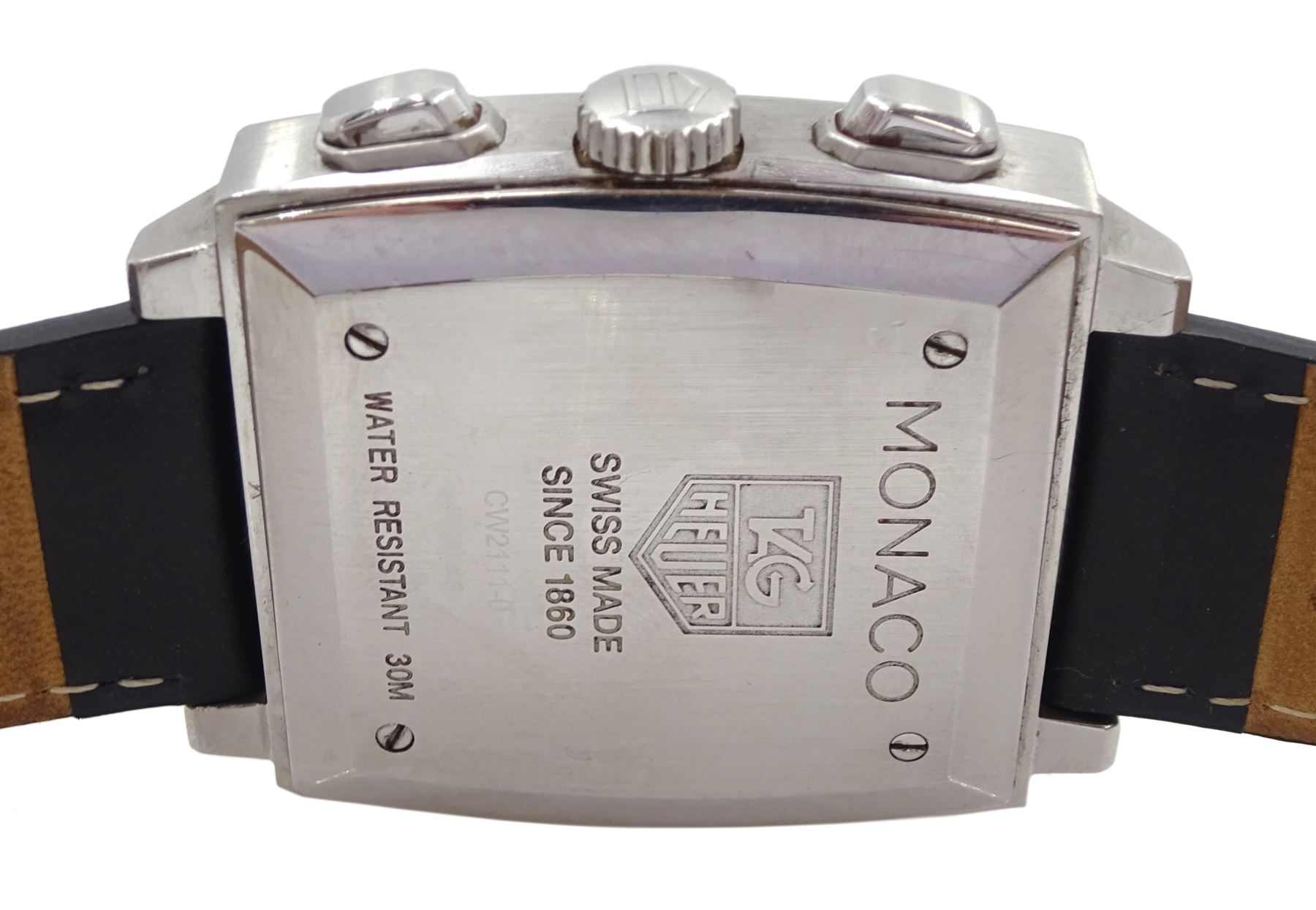 Tag Heuer Monaco gentleman's automatic chronograph wristwatch, circa 2005, Ref. CW2111-0, black dial with date aperture at 6 o'clock, subsidiary dials at 3, 6 and 9 for seconds, 30 minute and 12 hour recording, on black leather strap with original fold-over clasp