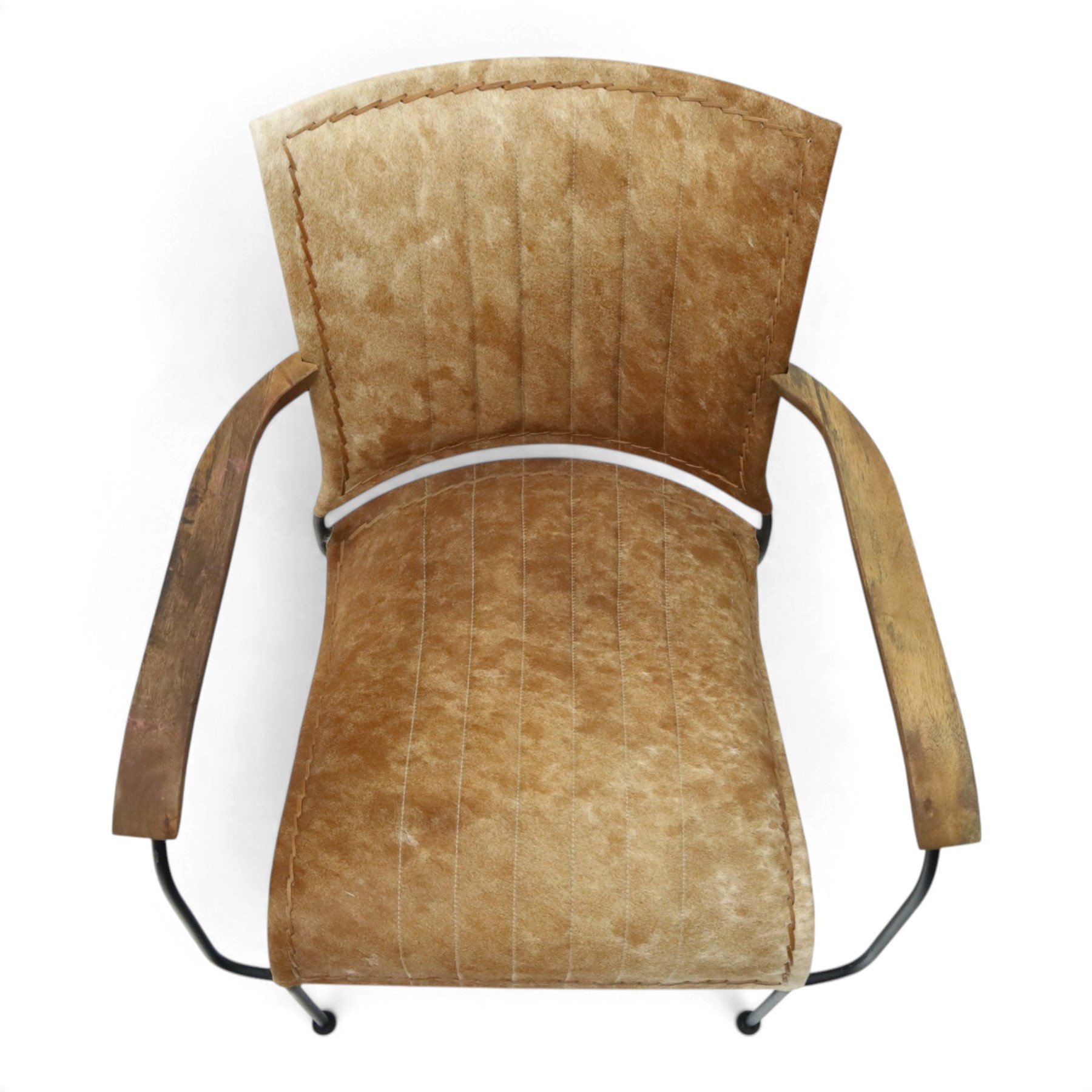 Mid century style cocktail cowhide chair, upholstered in tan cowhide, rectangular back and curved seat with stitched panels and laced borders, shaped wooden armrests on curved black metal supports 