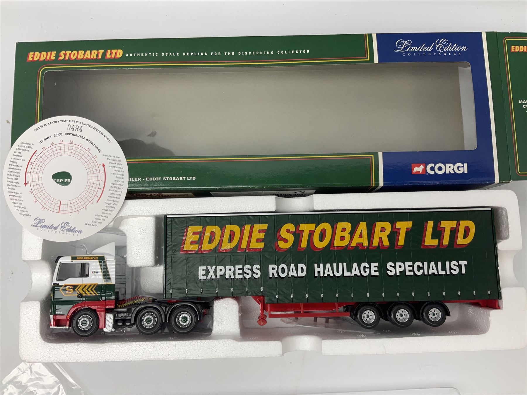 Corgi Eddie Stobart - three limited edition lorries; CC12936 Sight & Sounds Scania Topline Curtainside Trailer; CC13812 Hauliers of Renown Mercedes-Benz Actros Curtainside Knauf; and CC13405 MAN TGA XL Step Frame Curtainside Trailer; all boxed (3)