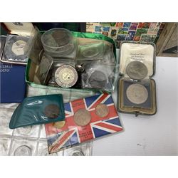 Great British and World coins and stamps, including pre-decimal pennies and other denominations, various part filled Whitman folders, Britain's first decimal coins set in blue folder, pre-Euro coinage etc and various stamps in albums
