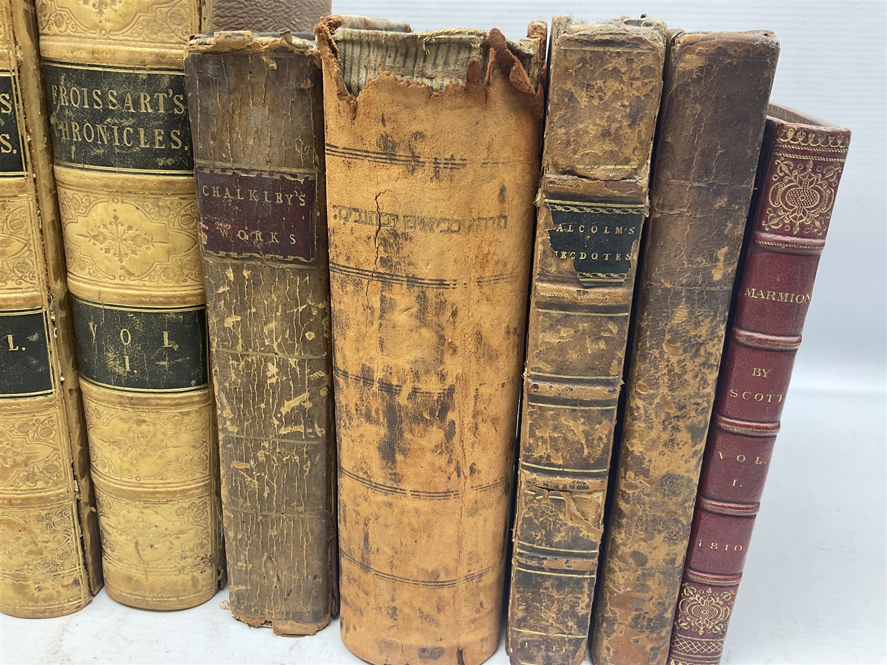 19th century and later leather bound books, to include Froissart, Sir John; Chronicles of England, France, Spain, Portugal, Scotland... two volumes London, 1812, Lyttleton, George: The History of England... two volumes London 1806, Clarke Adams; The Holy Bible, in six volumes, London 1836 and five other books 