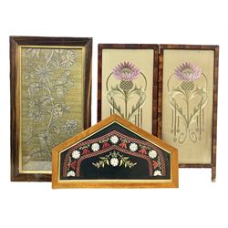Silk work embroidered two panel glazed folding screen, worked in pink, bronze and champagne tones depicting stylised foliate motifs, together with two further framed embroidered panels including a wool work green and blue example, folding screen H68cm