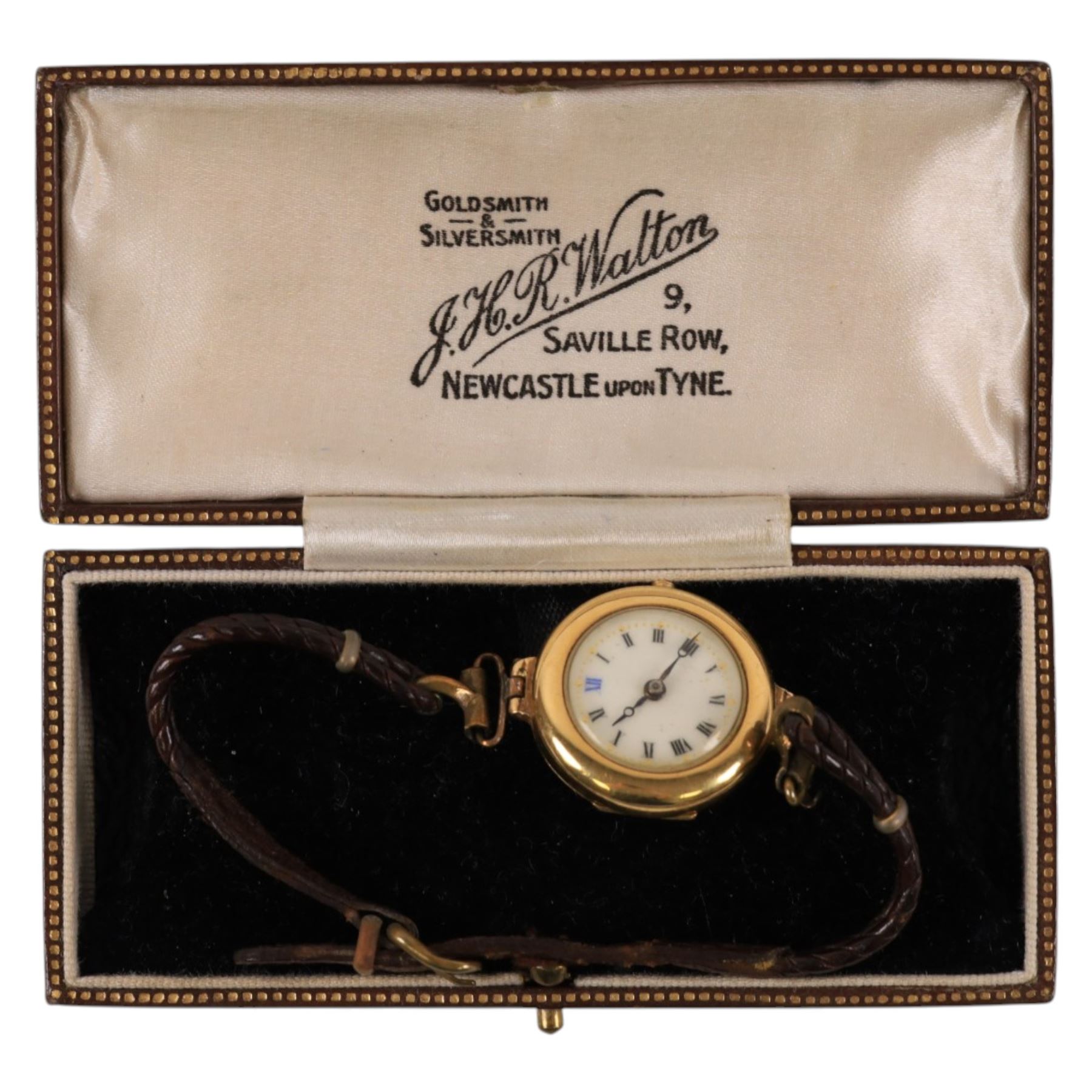 Early 20th century 18ct gold manual wind wristwatch, London 1920, on leather strap