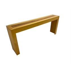 Large beech console side table, inlaid top