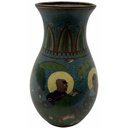 Japanese Cloisonne vase, Meiji/Taisho period, decorated with five haloed figures, possibly the Lucky Gods or Monks, in a landscape detailed with pine trees, lotus flowers and auspicious clouds, beneath a neck with band of fronds, with apocryphal Ming mark beneath, H31cm