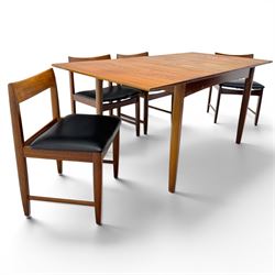BCM (Bath Cabinet Makers) - mid-20th century teak extending dining table with BCM set of four teak dining chairs with bar back and black vinyl seats