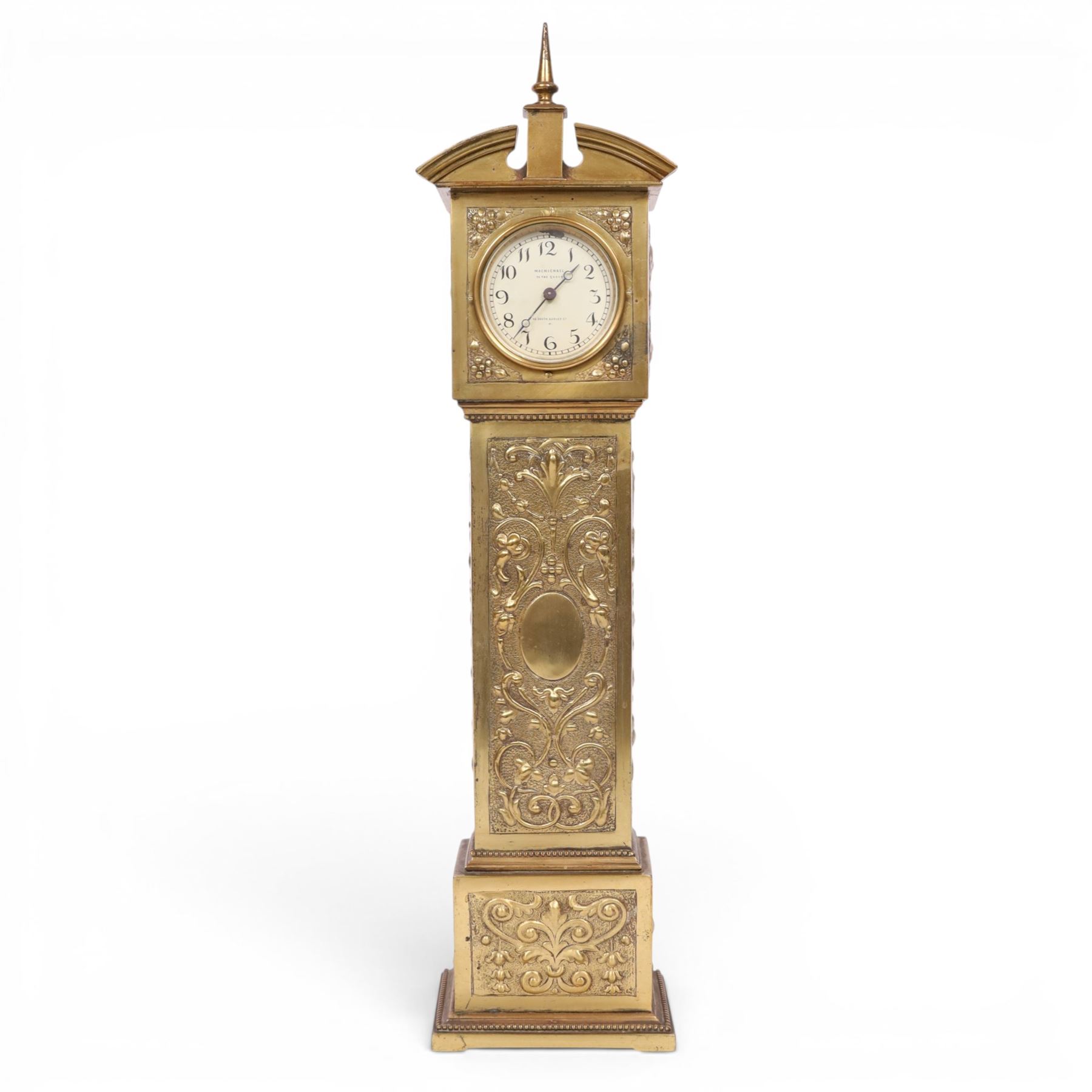 Victorian brass miniature longcase clock, the dial signed MacMichael, 42 South Audley St, London, H45cm