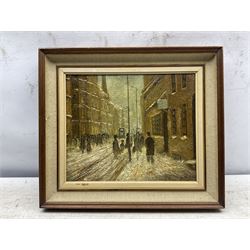 B Woolley (Northern British 20th century): 'Winter in the City - Manchester', oil on canvas laid on to panel signed and dated '77, 23cm x 28cm