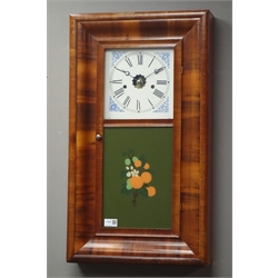  19th century American mahogany wall hanging clock, hinged glazed door painted with fruit, white painted Roman dial, 42cm x 74cm  