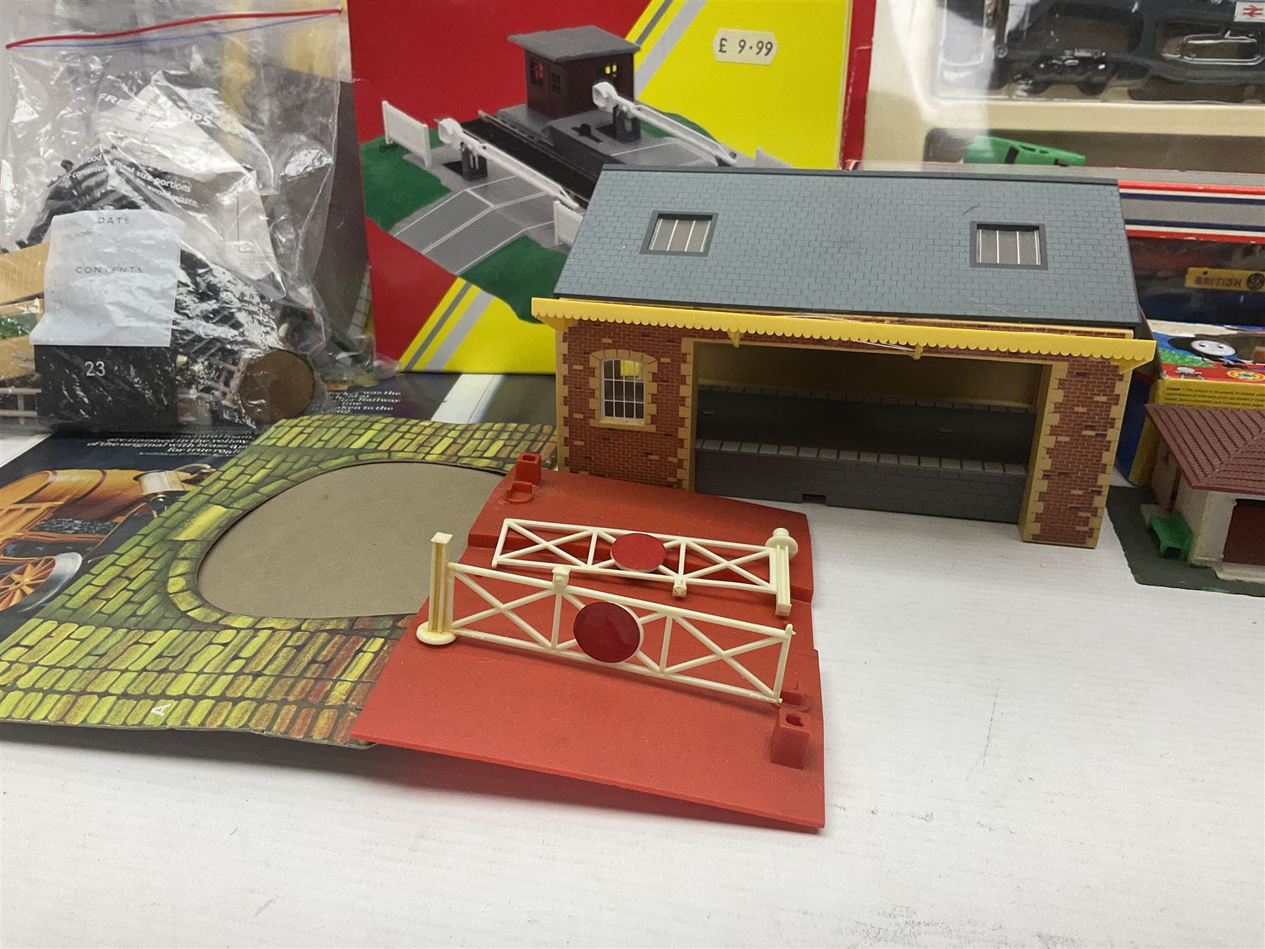 Hornby '00' gauge - Thomas the Tank Engine and Friends 0-6-0 tank locomotive No.1 with Annie and Clarabel coaches; all boxed; Breakdown Pack, Car Transporter Pack, Fuel Tanker Pack and Automatic Level Crossing; all boxed; Lima Car Transporter; boxed; and quantity of trackside accessories etc