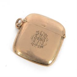 Edwardian 9ct gold vesta case, engraved with castle to one side and monogram to the other,...