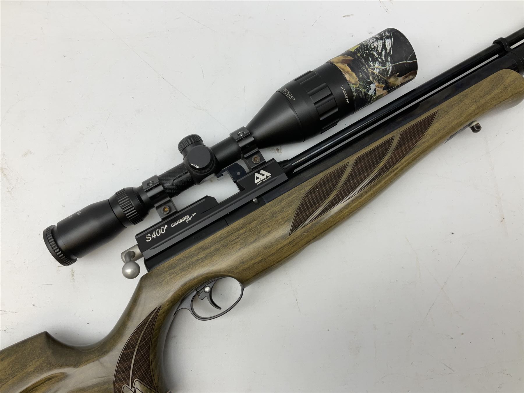 Air Arms S400F Carbine bolt-action .22 multishot air rifle, pump-up action, adjustable trigger, fitted with sound moderator and Nikko Stirling Mountmaster 3-9 x 50 telescopic sight, complete with stirrup type pump, pressure gauge etc, serial no.135456, L106cm; in gun sling