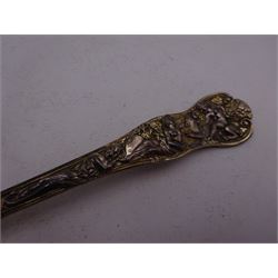Victorian silver-gilt sugar sifting spoon, with gilded pierced shell shaped bowl, the handle decorated in relief with classical greek figures amongst fruiting vines, hallmarked Henry John Lias & James Wakely, London 1874,  L16cm, contained within tooled leather silk and velvet lined fitted case