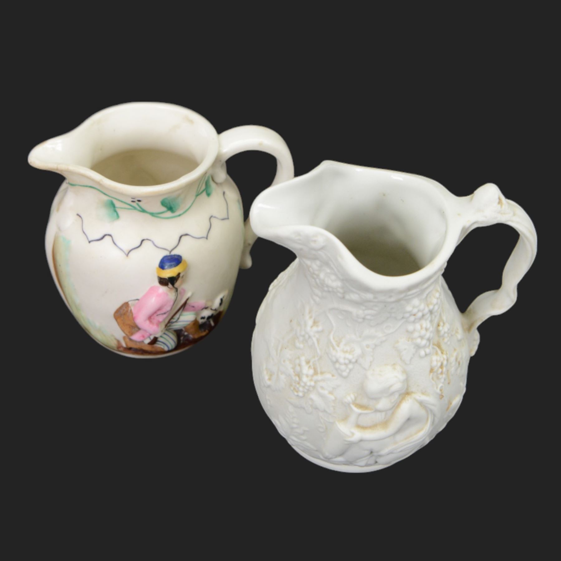 19th century and later ceramic jugs, including small Royal Crown Derby example, painted with florals and gilt leaves, Adams Jasperware Hull jug with town crest, floral KPM example and a Georgian example inscribed Joshua Longfield 1921, etc, tallest H12cm