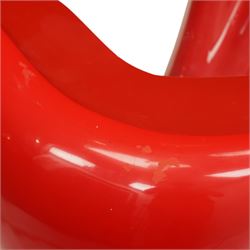 Italian post-modern design coffee table, oval glazed top with red banding over a shaped base of female form