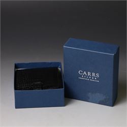 Silver mounted glass decanter, boxed with wooden plinth, together with a silver pepper grinder and a silver mounted Carrs desk clock, all hallmarked