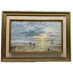 John Lewis Chapman (British 1946-): A Sunset Ride on the Beach, oil on board signed 24cm x 40cm