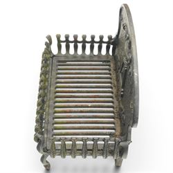 Adam style cast iron fire grate, shaped arched back plate cast with classical urn and scrolling acanthus, railed basket with pierced grate bars, on four cabriole supports