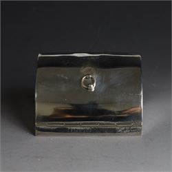 Edwardian silver fall-front ring box with loop handle, opening to reveal velvet interior with five ring spaces, hallmarked Deakin & Francis, Birmingham 1907, together with a cut glass jar with silver lid inscribed 'Hair Tidy' and a silver mounted capstan inkwell, both hallmarked 